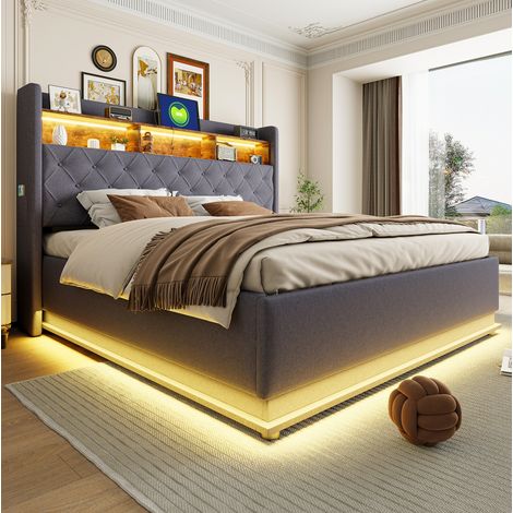 MEUBLIV Polsterbett 180x200 cm Grau – LED, USB-Anschluss, Stauraum, ohne Matratze (1/5)