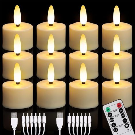 Lot de 12 Bougies LED Rechargeables USB avec Télécommande, électrique Chauffe Plat avec Minuterie, Flamme Vacillante, Blanc Chaud, Décoration pour Halloween Noël Maison (1/5)
