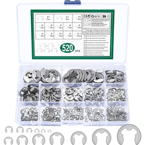 Assortiment de 520 clips E-clips, tailles assorties, anneau de retenue externe E-clip, kit de circlips en acier inoxydable, 13 tailles (1/5)
