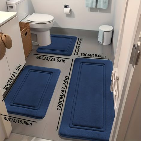 Set di 3 tappetini da bagno ultra assorbenti, antiscivolo in poliestere per vasca e doccia, comodi e morbidi, tappetini decorativi per pavimento di Aijing - Blu scuro (1/4)