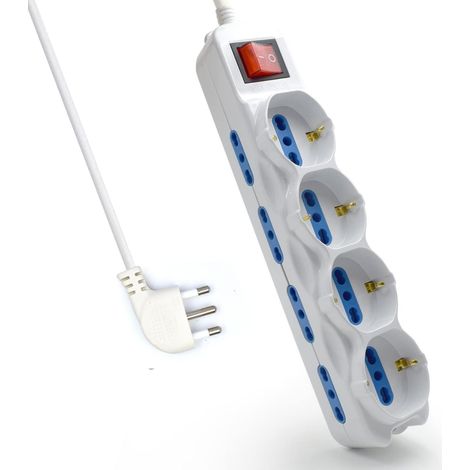 Multipresa a 12 Posti, Ciabatta Elettrica con 12 Prese (4 Schuko/Tedesche + 8 Italiane 10A/16A) - Spina Italiana 16A - Potenza 250V/2500W - Cavo da 1,5 Metri, Prese Angolate a 45° (1/4)