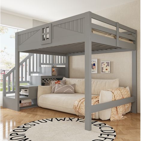Litera alta 90/200 cm gris con escalera reversible y espacio de almacenaje, en madera (1/5)