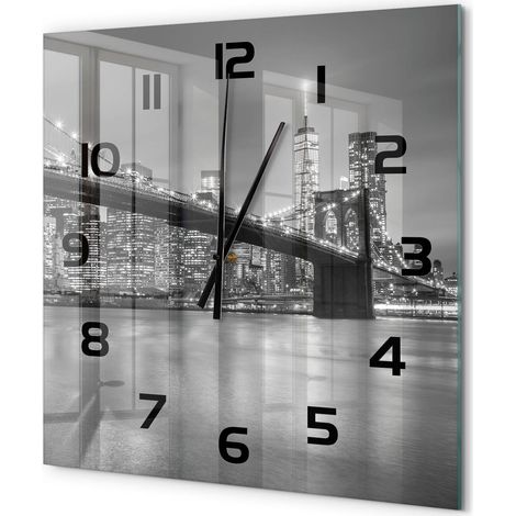 Grande Horloge Murale Carrée Analogique en Verre Silencieuse Moderne Salon Cuisine New York la nuit 60x60 cm (1/5)