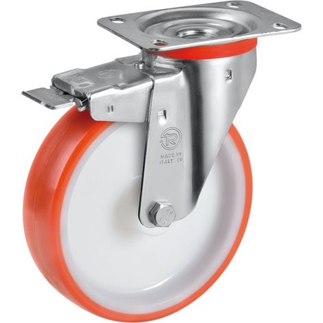 Roulette pivotante à frein diamètre 200 mm roue polyuréthane rouge - 300 Kg (1/2)