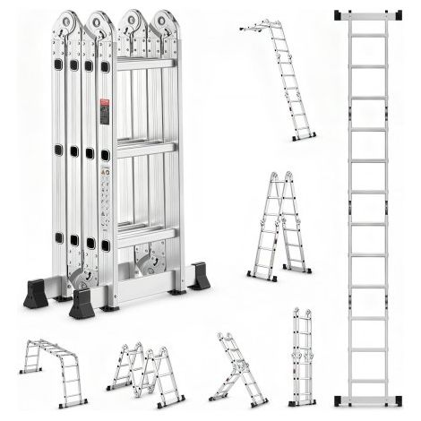 Échelle Pliante Polyvalente 7 en 1 Escabeau Télescopique Réglable avec Barre Équilibre, Hauteur de Portée 3,5 m, Charge 150 kg, Échelle Multifonction Cadre A 3 Marches, pour Extérieur Intérieur (1/3)