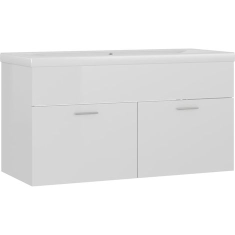 Armoire d'évier 90 x 38,5 x 46 cm avec lavabo intégré aggloméré blanc brillant