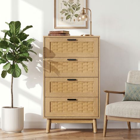 BLANKETSWARM - Commode à 4 tiroirs en rotin, 55x40x95 cm, armoire de rangement avec tiroirs - Finition bois naturel