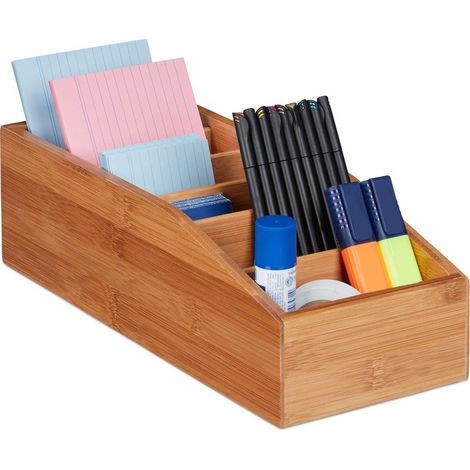 Lot de 2 Boîte de rangement, Bambou, 6 compartiments, Organiseur bureau, Cuisine, Salle de bain, 10x14x35 cm (1/5)