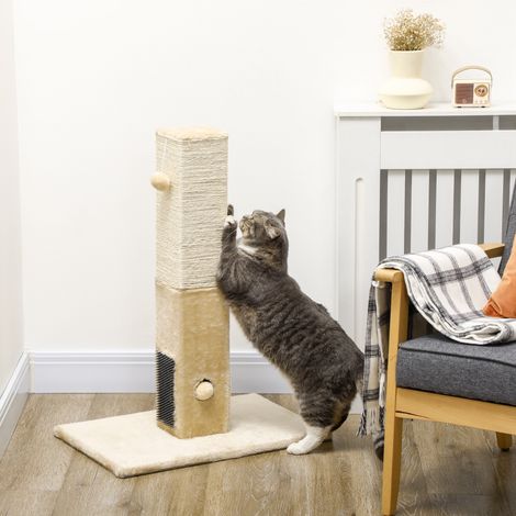 Poteau à gratter pour chat griffoir pour chat balle avec clochette 2 brosses de toilettage 59.5 x 39 x 79 cm beige crème (1/5)