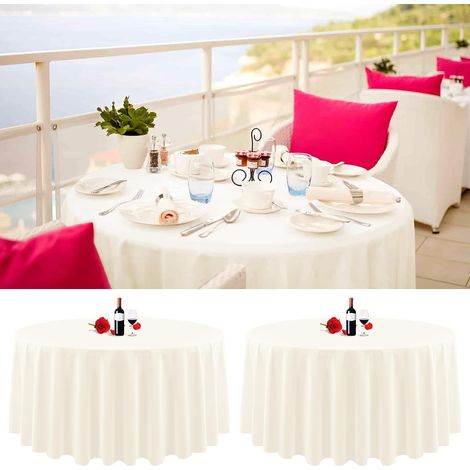 Lot de 2 nappes rondes, polyester infroissable 229 cm, lavable machine, pour mariage fête restaurant buffet, couleur ivoire (1/5)