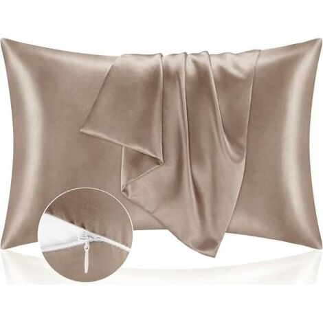 Taie Oreiller 51x75 en Satin, Housse D'oreiller Satinées Protège Peau et Cheveux - Ultra Douce et Hypoallergénique - Lot de 2 Housse Coussin avec Fermeture Éclair Café (1/5)
