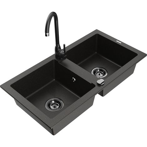 Mexen Mario Granitspüle 2-Becken mit Küchenarmatur Telma, schwarz/gold - 6504-75-670200-70-B (1/5)