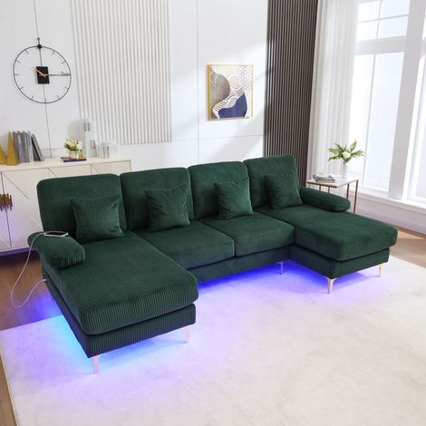 Sofá en U de terciopelo esmeralda 265x135x88 cm con LED integrada y puerto USB (1/5)