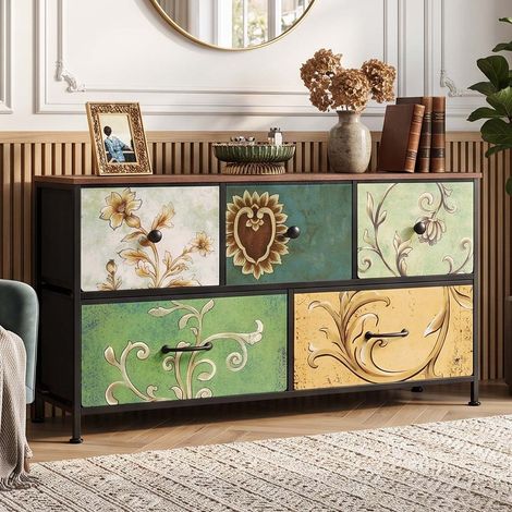 Creahappy Commode Tissu Rangement 9 Tiroirs Motif Rétro 100x30x100 cm - Meuble de Rangement Design - Vert & Marron (1/5)