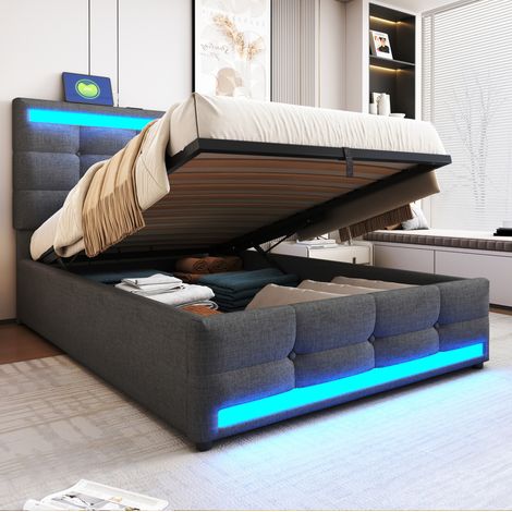 Lit simple 90/200 cm gris en tissu avec LED, USB et tête de lit réglable (1/5)