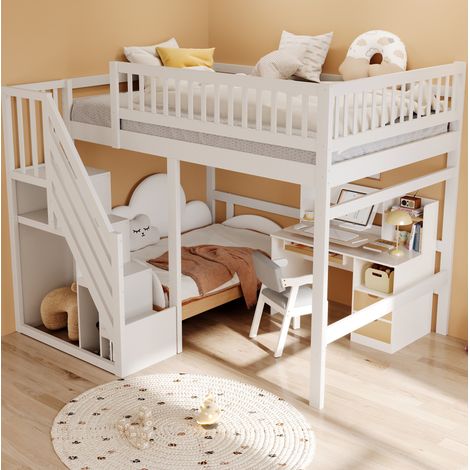 Letto singolo 140x200 cm, con scala contenitore, sponde alte, legno, bianco (1/5)