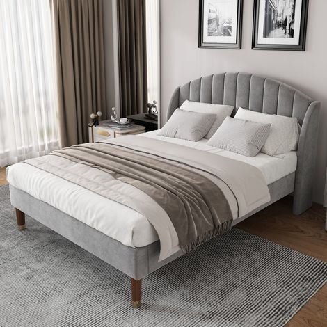 Lit double capitonné 160x200 velours gris, avec sommier à lattes inclus, tête de lit, pour adulte et ado, facile(sans Matelas) (1/5)