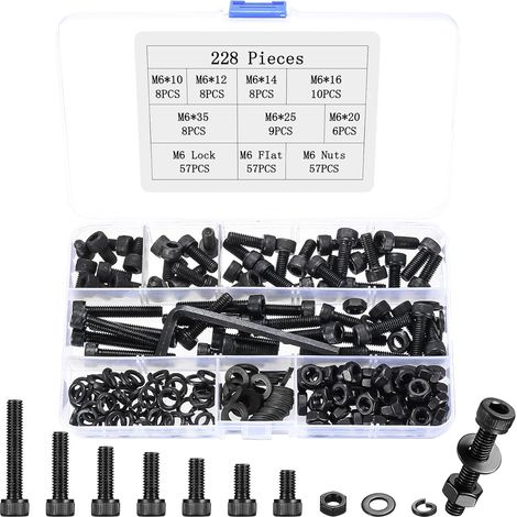 Lot de 300 vis M6 entièrement noires de 228 mm avec vis à tête hexagonale, écrous et rondelles, adaptés à différentes tâches de montage. (1/5)