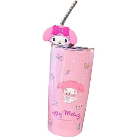 Thermobecher mit Deckel und Strohhalm, Edelstahl, niedliches Anime-Design, isolierter Eiskaffeebecher für Büro, Reisen und Zuhause, Rosa (1/5)