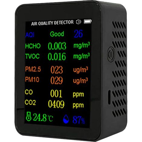 Tragbares Luftqualitätsmessgerät 9 in 1 PM2,5 PM10 CO CO2 TVOC HCHO AQI Temperatur- und Feuchtigkeitsmesser mit Farbbildschirm, Kohlendioxiddetektor mit Zeitanzeigefunktion und