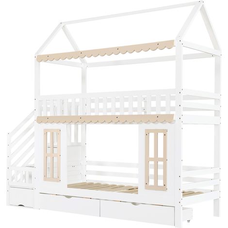 Letto a castello bambino a forma di casa 90 x 200 cm bianco e naturale con contenitori (1/5)