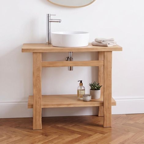 Meuble simple vasque sur pieds OFICIO 95cm en chêne massif esprit établi (1/5)