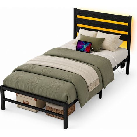 Cama 90x200 cm de metal negro con cabecero, LED y puerto USB, HOMVRA (1/5)