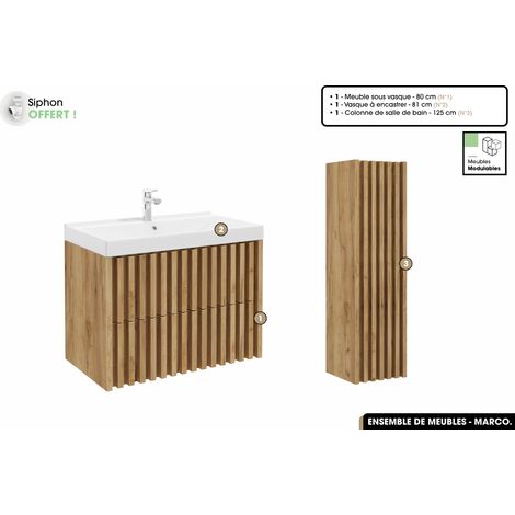 Ensemble complet de salle de bain - Meuble - Colonne - Vasque à encastrer avec Siphon OFFERT MARCO Oak 80 x 56 x 45 cm (1/4)