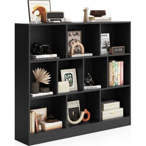 COSTWAY Libreria a 10 Cubi, Organizzatore di Stoccaggio a 3 Ripiani con 2 Kit Anti-Ribaltamento, Scaffale Multiuso in Legno per Soggiorno Camera da Letto Ufficio, 120x24x104 cm (Nero) (1/5)