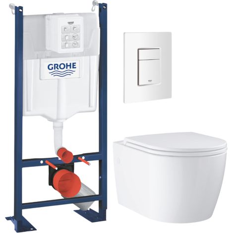 Pack WC suspendu sans bride GROHE Start Round Ceramic + Abattant frein de chute + Bati support mur + Plaque carré blanc alpin (1/4)