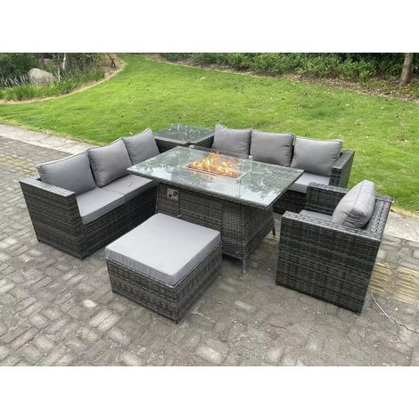 Fimous Rotin Meubles De Jardin Canapé 8 Places Ensemble Patio Extérieur Cheminée À Gaz Table À Manger Chauffage Au Gaz Brûleur avec Table D’appoint Fauteuils Grand Tabouret Gris Foncé Mixte (1/5)