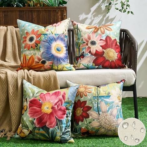 Outdoor-Kissenbezug, bunte Blumenblätter, Outdoor-Kissen, wasserdichter Kissenbezug, Kissenbezug, 45 x 45 cm, mit Reißverschluss, grünes Sofa, Bohemian-Deko für Schlafzimmer, Sofa, Sofa-Dekoration