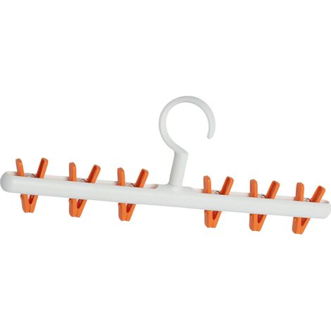 Étendoir à chaussettes en plastique avec 6 pinces anti-nœuds, rotatif à 360°, multifonctionnel, blanc et orange. Idéal pour la maison. (1/5)