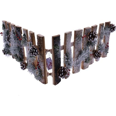 Steccato Natalizio in Legno Innevato con Decori Pigne 50x25cm Decorazione Natale