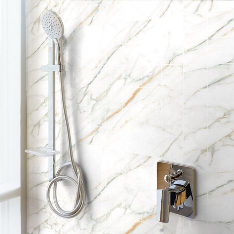 Sticker Mural Carrelage adhésif Cuisine Salle de Bain - 60 STICKERS CARRELAGES MARBRE BLANC DE MADRID - 60stickers10x10cm (1/4)