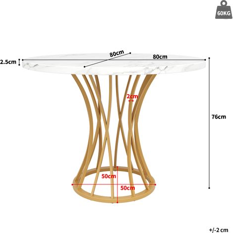 Table ronde 80x80x76 cm, légère et chic, convient à 4-6 convives, parfaite pour salle à manger ou séjour. Dessus en MDF imitation marbre, piètement doré. (1/5)