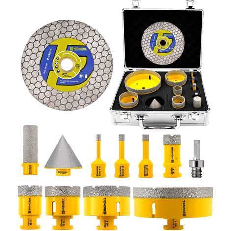 Scie Cloche Diamant 13 Pièces–Foret Diamant 6/8/10/25/35/50/68/110mm avec Foret à Chanfreiner 50 mm,Fraise Diamant 20 mm,Adaptateur et Disque–Idéal pour Carrelage,Céramique,Porcelaine, Granit (1/5)