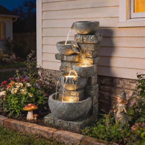 Fontaine extérieure en résine, à cinq niveaux, fontaine de jardin avec éclairage LED, pompe, aspect pierre, 34 x 36 x 80 cm