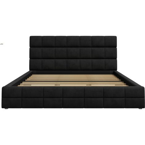 Letto piattaforma imbottito 180x200 cm in velluto nero con testiera MODENUIT (1/5)