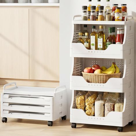 DEANIC Faltbar Küchenwagen mit Rollen, 3 Ebenen Rollwagen Klappbar mit Ablageplatte, Aufbewahrungswagen PP Kunststoff mit Griffen, Servierwagen für Küche, Büro, Bücherwagen Faltbar (Weiß) (1/5)