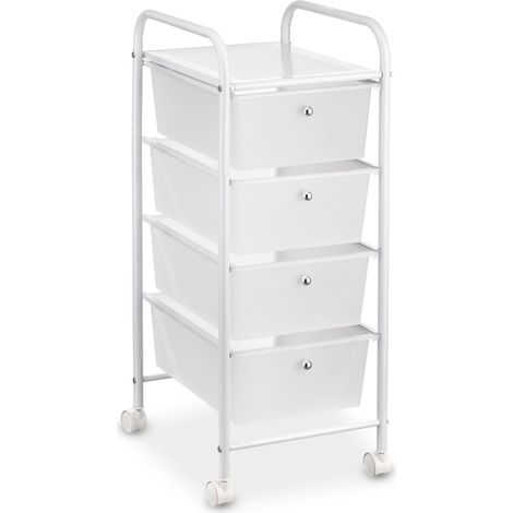 Caisson sur roulettes GINA chariot avec 4 tiroirs en plastique blanc transparent et 1 étagère, rangement salle de bain métal blanc (1/4)
