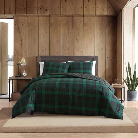 Ensemble de Housse de Couette pour Grand lit, literie réversible en Coton avec taies d'oreiller Assorties, Parure de lit à Carreaux, Fermeture à Boutons (Vert Tartan boisé, Grand lit) (1/5)