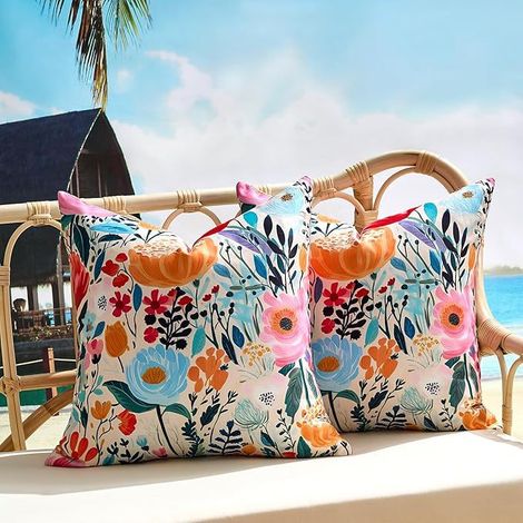 Juego de 2 fundas decorativas para cojines de exterior, 45 x 45 cm, impermeables y con estampado floral — Para jardín, sillas, sofás, salón, dormitorio y decoración de interiores