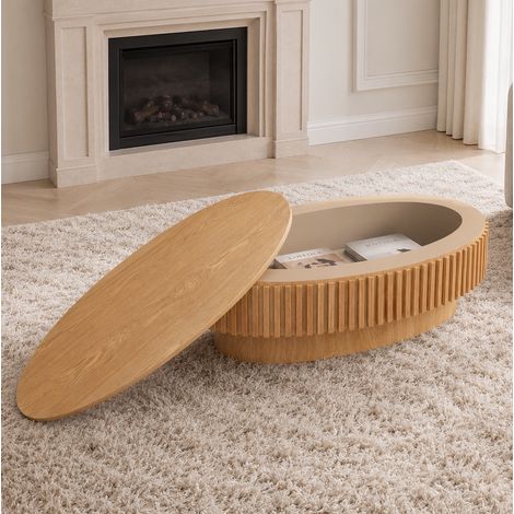 Mesa de centro ovalada con almacenaje, 98x60x35 cm, MDF y chapa de madera, OKMYHOME (1/5)