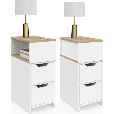Set di 2 comodini a 2 cassetti ANOUK con nicchia laterale reversibile in bianco e legno