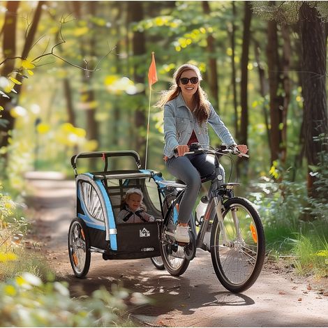 Remorque vélo enfant 2-en-1, harnais 5 points, acier, bleue, 142 x 75 x 101 cm HAVRYA (1/5)