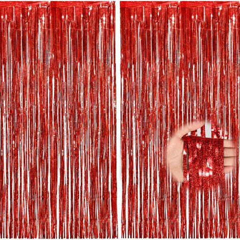 Rideau à Franges Métallique, 2 Pièces 1 x 2,5 m Décoration Fête, Rouge (1/5)