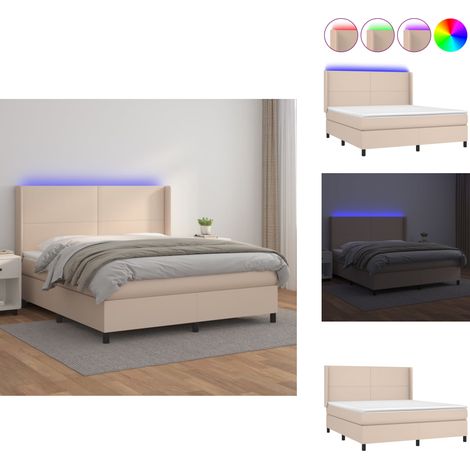 Sommier à lattes de lit matelas LED Cappuccino 180x200 cm - Sommier Tapissier - Lit Capitonné - Lit Avec Éclairage LED - Matelas À Ressorts Ensachés - Têtière Ajustable (1/5)