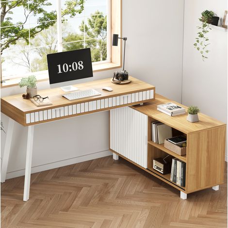 MEUBLIV Bureau d’angle L 140x120x76,5 cm naturel et blanc – rangement 2 tiroirs (1/5)