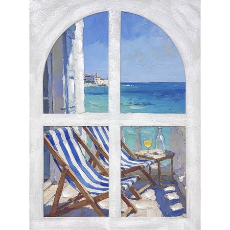 Cuadro de ventana al mar con tumbonas en azul 80 cm (1/5)